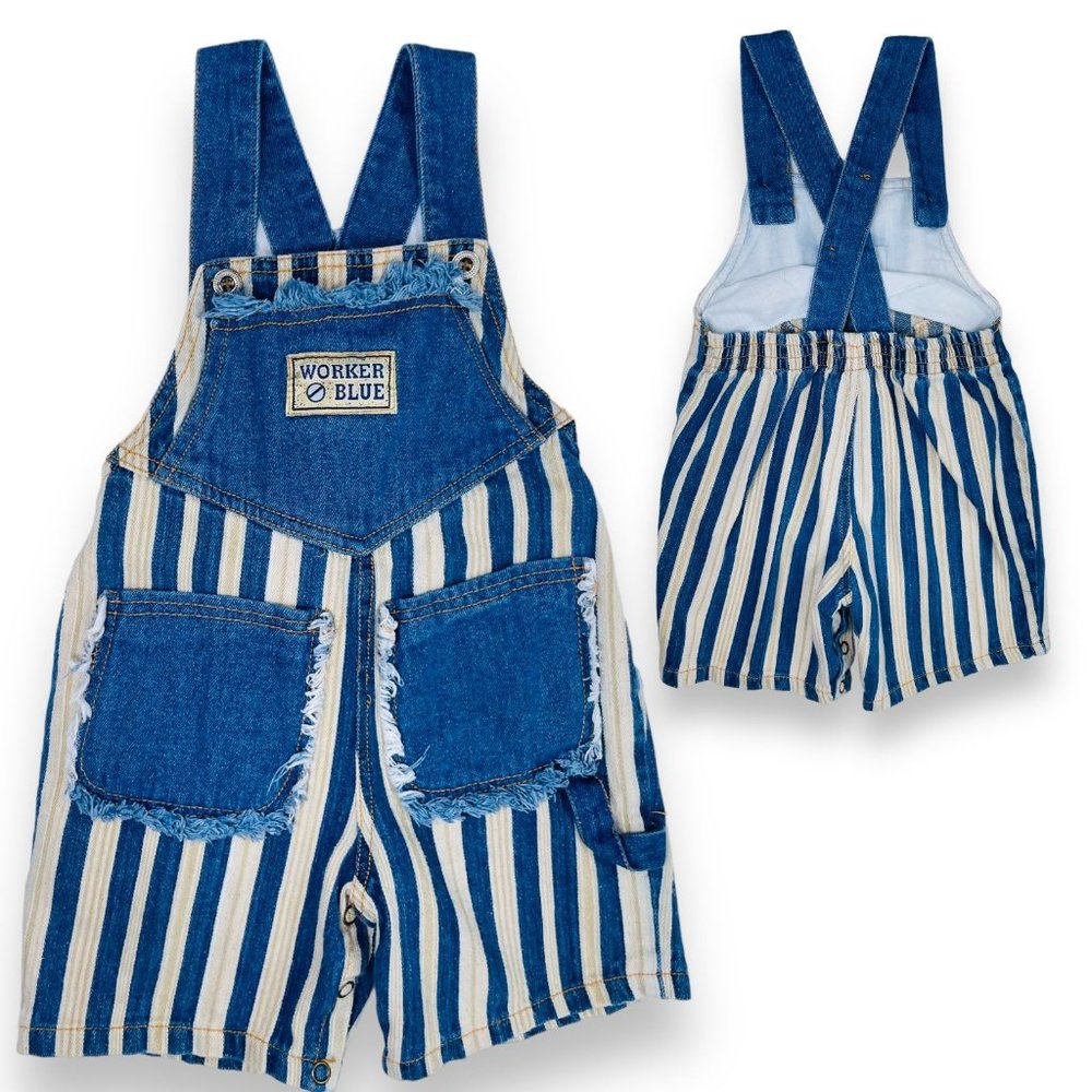 Vintage Toddler Boys Blue Striped Denim Fringe Short Overalls Romper Outfit 2T